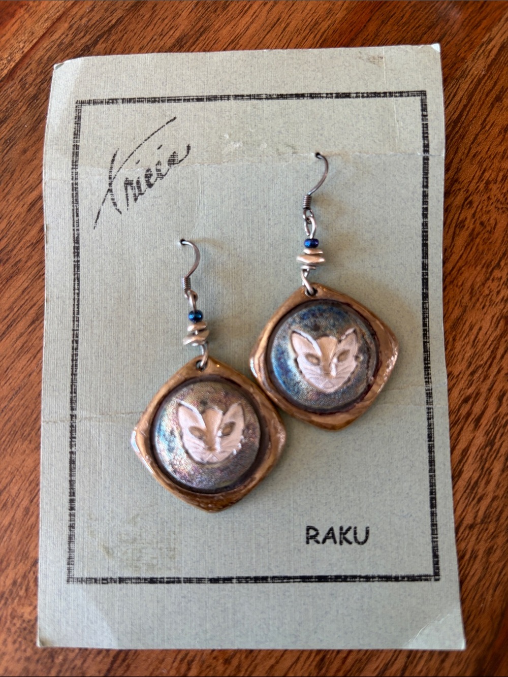 Artisan Raku Fox Face Drop Earrings - Blue and Gold